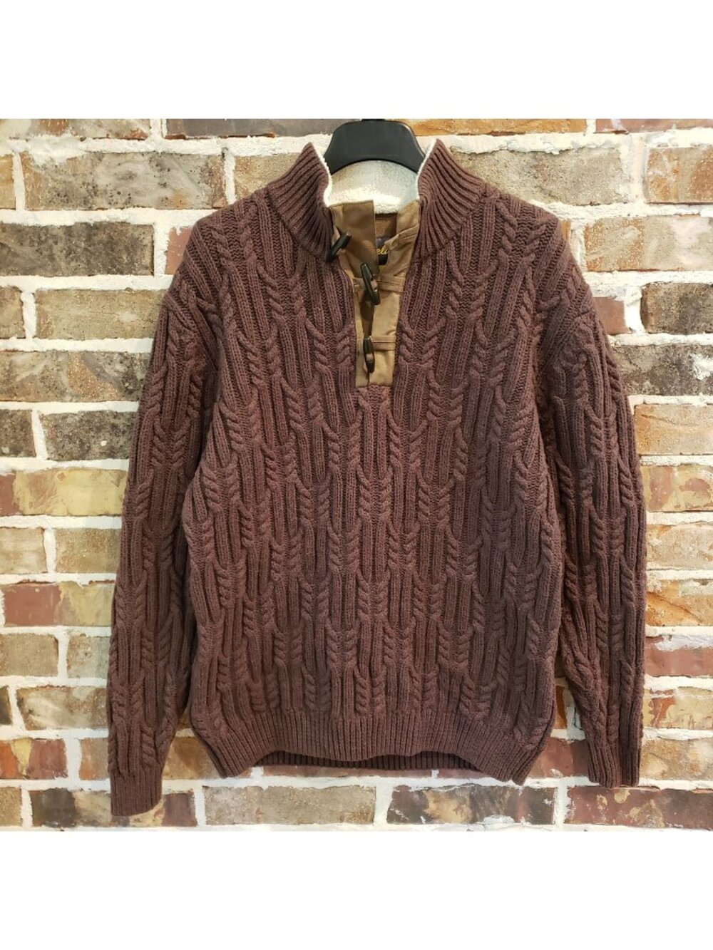 CABELAS Cable Knit Fisherman Sweater Leather Elbow Patches Mens Large Brown